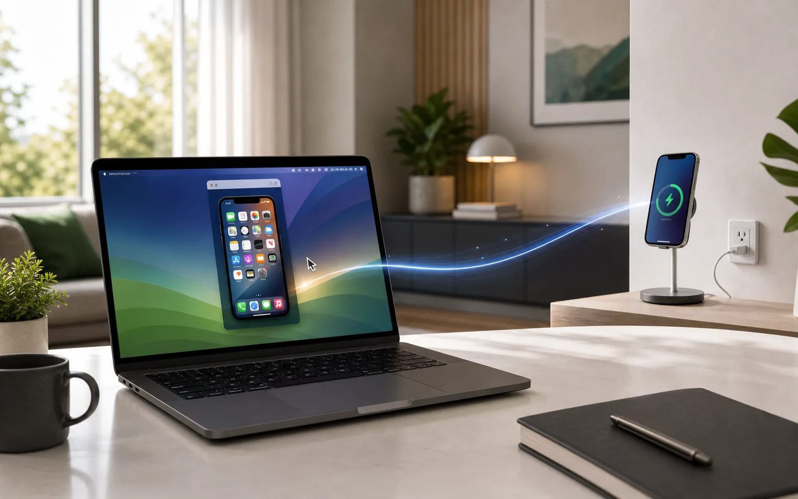 A Mac controlling an iPhone that is charging on a stand across the room
