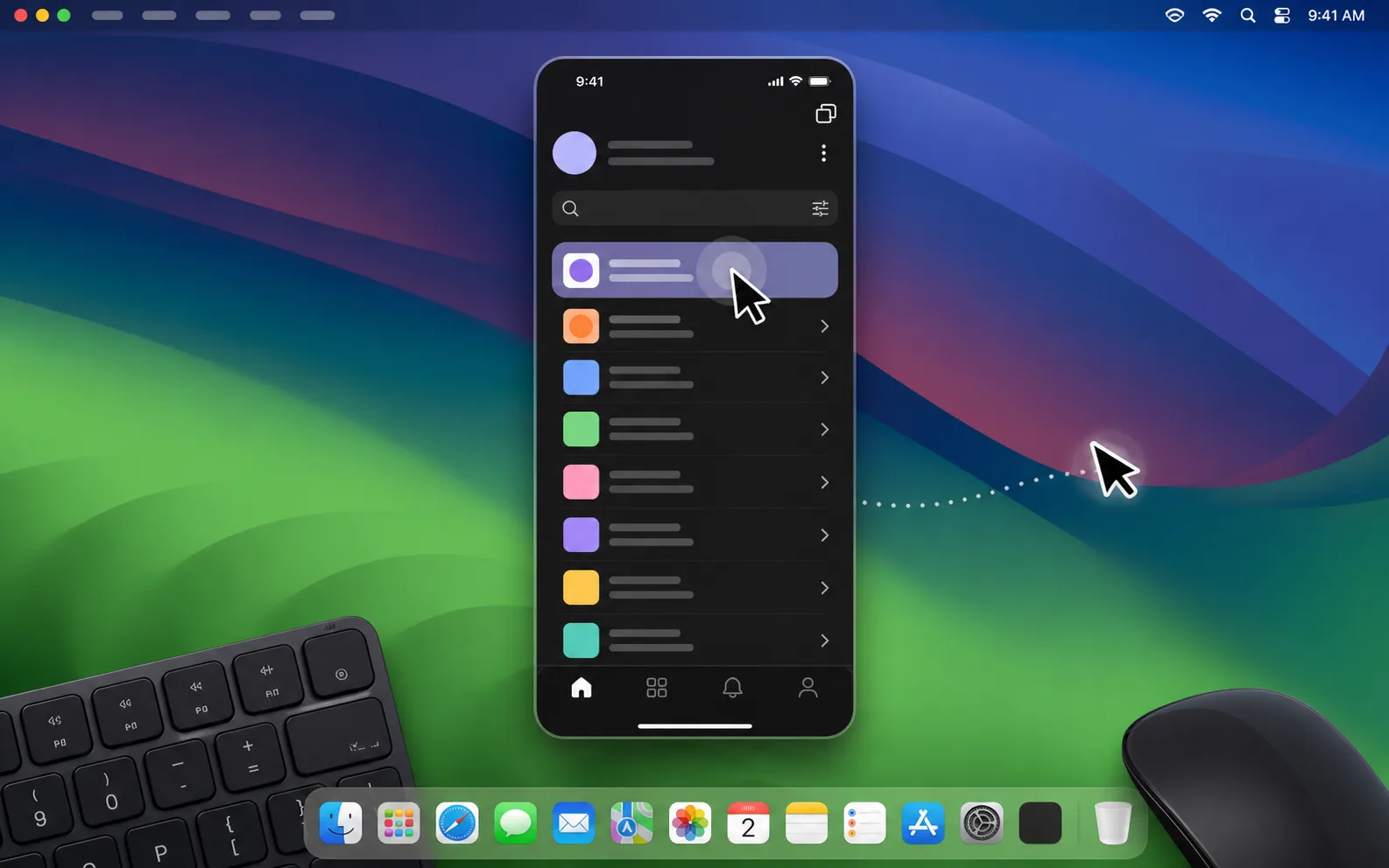 A floating Specchio iPhone view being controlled with a Mac cursor and keyboard