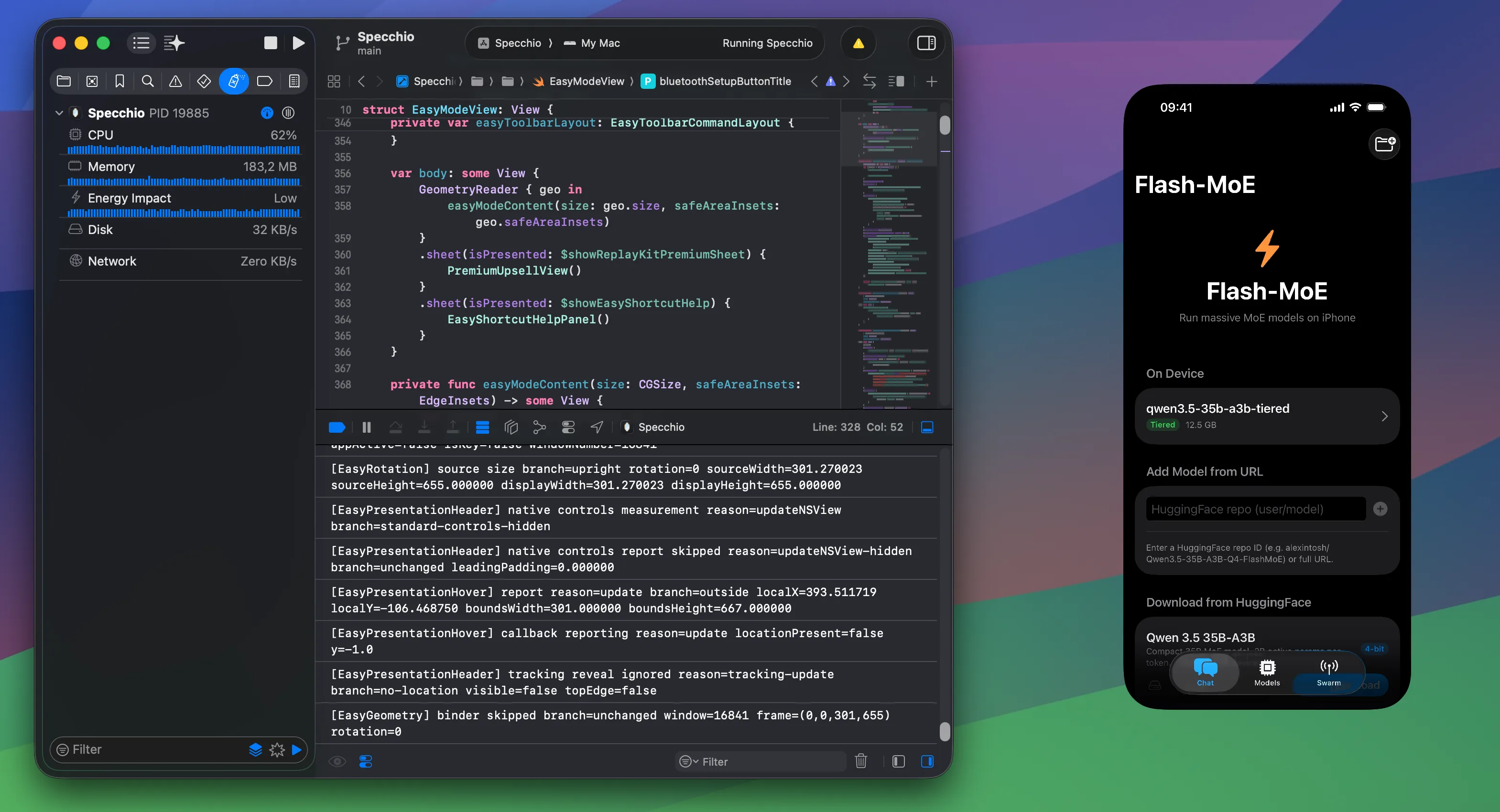 Xcode running on a Mac beside a mirrored real iPhone app screen