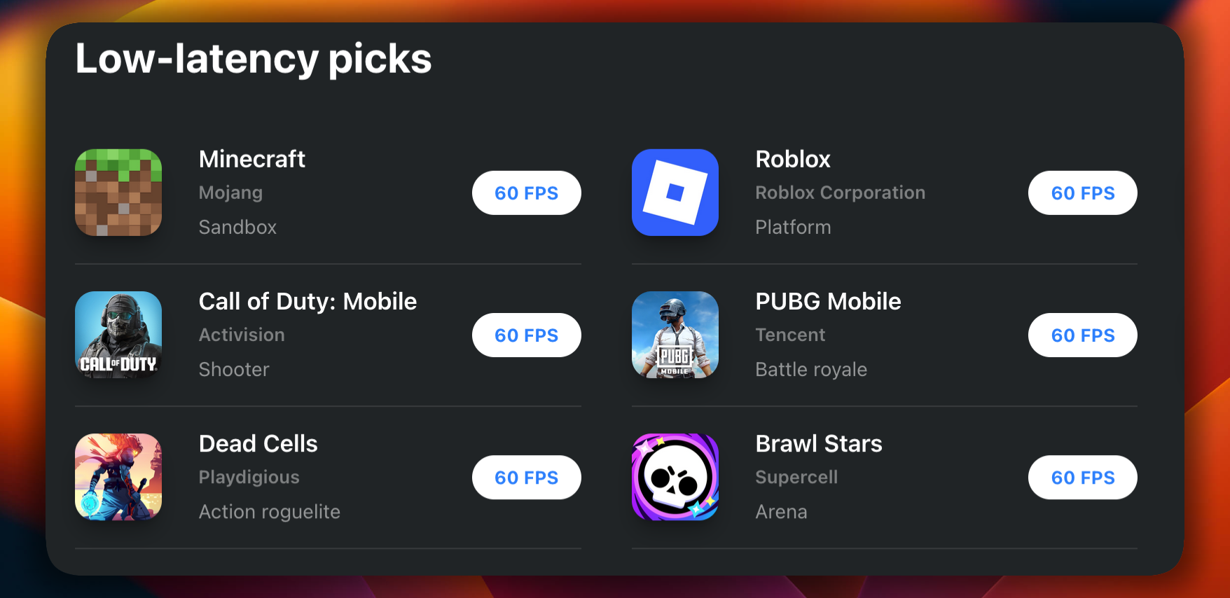 Low-latency picks showing iPhone games that can run at 60 FPS on the Mac screen