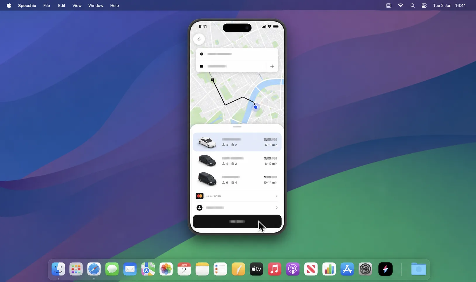 A floating Specchio iPhone view showing a generic ride-hailing map app on a Mac desktop