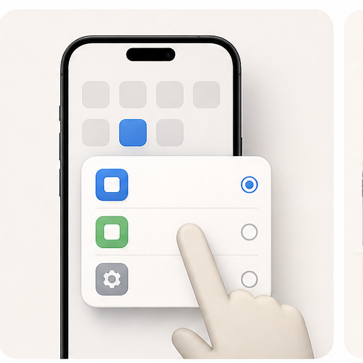 A phone interface with one selected feature card in front.